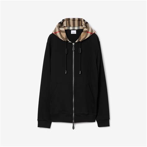 Check Label Cotton Zip Hoodie in Black 